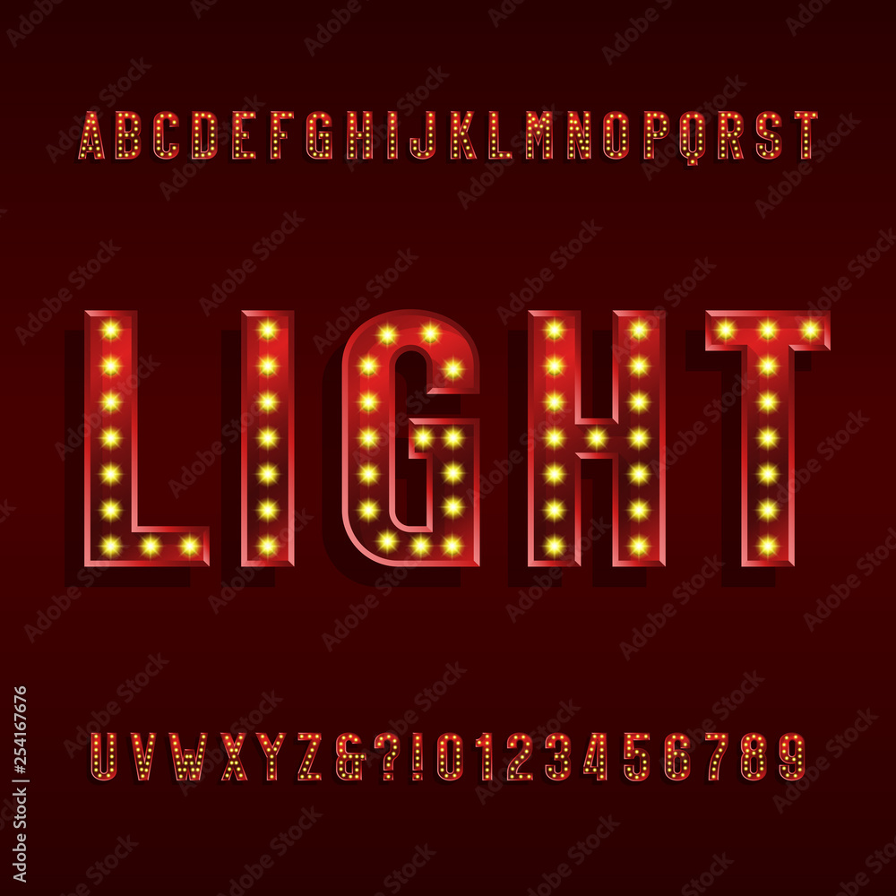 Fototapete retro light bulb alphabet font. beveled shiny letters with light bulbs and shadows. vector typescrip