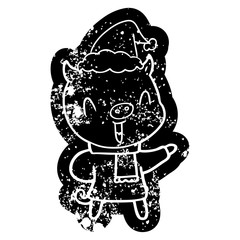 happy cartoon distressed icon of a pig in winter clothes wearing santa hat