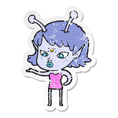 distressed sticker of a pretty cartoon alien girl