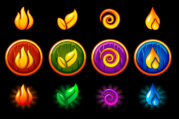 Four elements nature icons, wooden round Shield set. Wind, fire, water, earth symbol