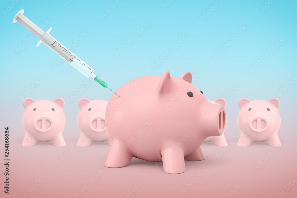 Poster 3d rendering of a syringe giving injection to a cute piggy bank with a row of other piggy banks in t