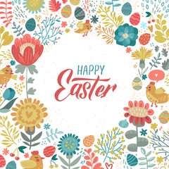 Fototapeta na wymiar Happy Easter modern brush calligraphy. Ink illustration. Isolated on floral background. - Vector illustration