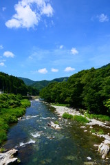 アユ釣りで賑わう夏の気仙川。陸前高田　岩手　日本。７月上旬。