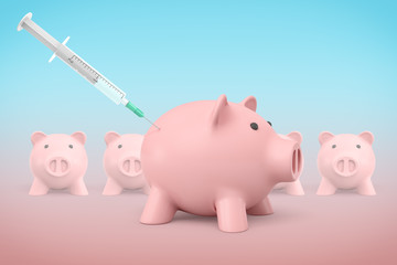 3d rendering of a syringe giving injection to a cute piggy bank with a row of other piggy banks in the background.
