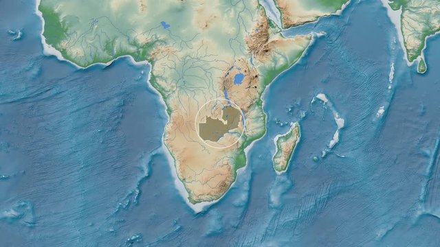 Zambia area presented against the global physical map in the Patterson Cylindrical projection with animated oblique transformation