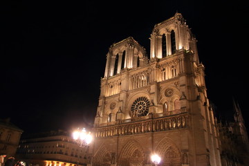 Notre Dame Cathedral in Paris and its lighting at night, France