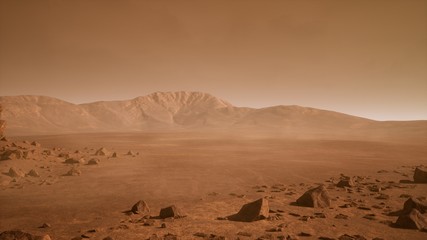 Fototapeta na wymiar Panoramic landscape on the surface of Mars. 3D Rendering