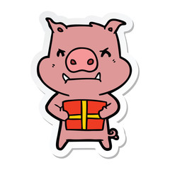 sticker of a angry cartoon pig with christmas gift