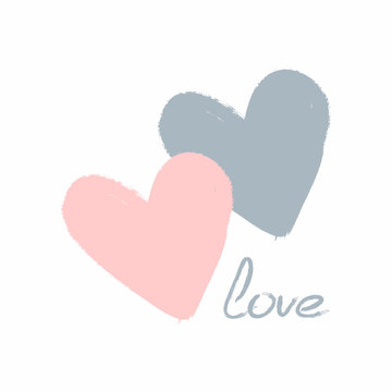 Hearts and handwritten word Love. Sketch, grunge, graffiti, watercolor. Cute poster, print, card, sticker. White, blue, pink.