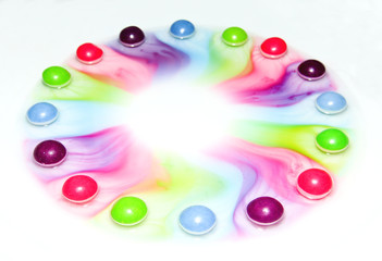 The candies are dissolving in the water and are making a colorful show. 