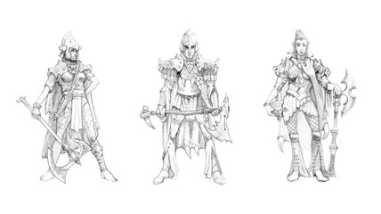 Plakat Elf warrior. Set of 3 drawings. Fantasy elves warriors.
