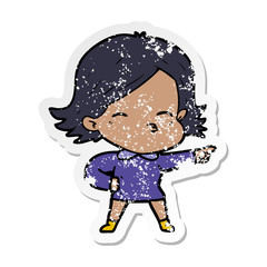 distressed sticker of a cartoon woman pointing