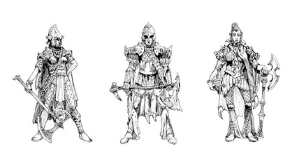 Fototapeta na wymiar Elf warrior. Set of 3 drawings. Fantasy elves warriors.