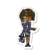 retro distressed sticker of a cartoon businesswoman pointing