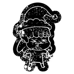 cartoon distressed icon of a woman wearing santa hat