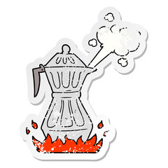 distressed sticker of a cartoon steaming espresso pot