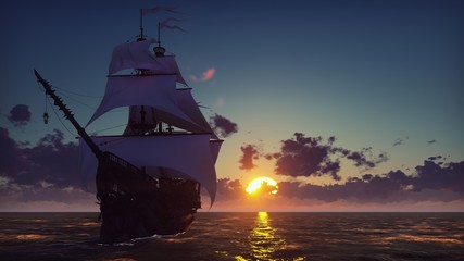 Large medieval ship on the sea on a sunset. The old medieval ship gracefully sails in the open sea. 3D Rendering © designprojects
