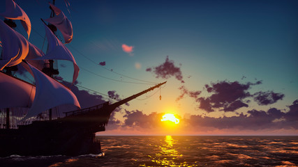 Large medieval ship on the sea on a sunrise. The old medieval ship gracefully sails in the open sea. 3D Rendering © designprojects