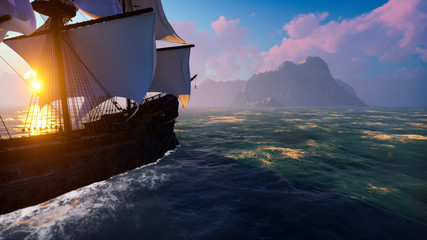 A large medieval ship at sea at sunrise. An ancient medieval ship sails to a deserted rocky island. 3D Rendering © designprojects