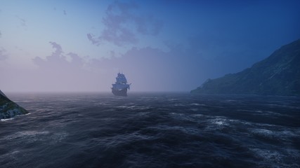 A large medieval ship in the sea in the fog floats to a desert rocky island. 3D Rendering © designprojects
