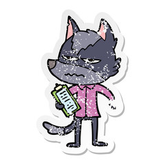 distressed sticker of a cartoon annoyed wolf
