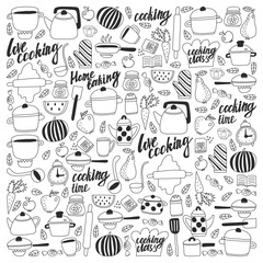 Vector set of children's kitchen and cooking drawings icons in doodle style. Painted, black monochrome, pictures on a piece of paper on white background.