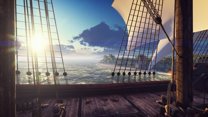 Naklejka premium Duży średniowieczny statek na oceanie o zachodzie słońca. Starożytny średniowieczny statek zacumował w pobliżu bezludnej tropikalnej wyspy. Renderowanie 3D