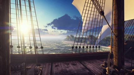 A large medieval ship in the ocean at sunset. An ancient medieval ship docked near a deserted tropical island. 3D Rendering © designprojects