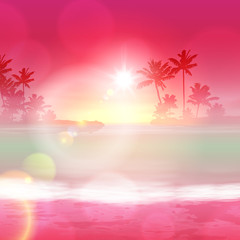Fototapeta na wymiar Background with sea and palm trees. Sunset time.