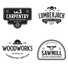 Fototapeta premium Woodwork badges. Set of carpentry, woodworkers, lumberjack, sawmill service monochrome vector labels, emblems and logos.