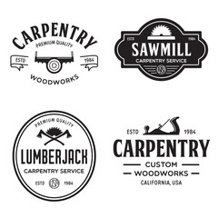 Woodwork badges. Set of carpentry, woodworkers, lumberjack, sawmill service monochrome vector labels, emblems and logos.