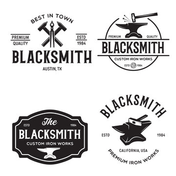 Blacksmith labels set. Design elements for metalworks service emblems, badges, logos. Monochrome seal collection.