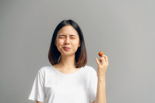 Happy Woman Holding Fried Chicken For Eat.