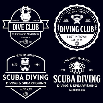 Set of Scuba diving club and diving school design. Concept for shirt or logo, print, stamp or tee. Vintage typography design with diving gear silhouette
