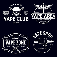 Naklejka premium Vape sklep etykiety emblematy odznaki zestaw. Kolekcja typografii związana z wapowaniem. Modne elementy do nadruków na koszulkach i reklamy.