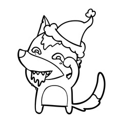 line drawing of a hungry wolf wearing santa hat
