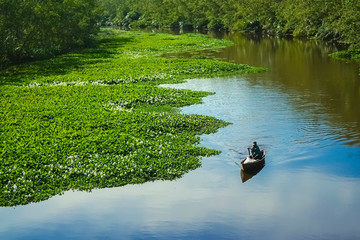 Peaceful landscape with a boat floating on the river. Sumatra. Indonesia - obrazy, fototapety, plakaty