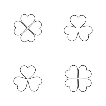 Flat line monochrome clover leaf symbol set for web sites and apps. Minimal simple black and white clover leaf symbol set. Isolated vector black clover leaf symbol set on white background.