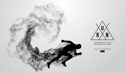 Abstract silhouette of a running athlete man on the white background from particles, dust, smoke. Athlete runs sprint and marathon. Background can be changed to any other. Vector illustration - obrazy, fototapety, plakaty