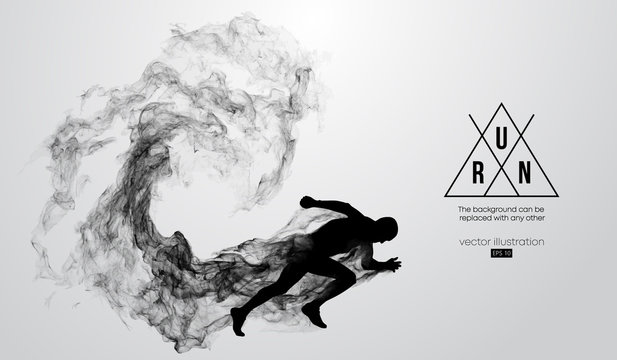 Abstract silhouette of a running athlete man on the white background from particles, dust, smoke. Athlete runs sprint and marathon. Background can be changed to any other. Vector illustration