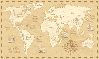 Vintage world map. Ancient world antiquity paper map with continents ocean sea old sailing vector globe background