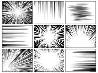 Fototapeta premium Radial comics lines. Comic book speed horizontal line cover speed texture action ray explosion hero drawing cartoon set