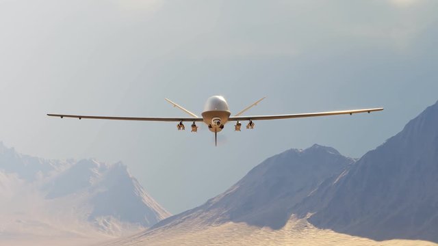 Armed military drone (UAV) flying smoothly over a vast desert shooting missiles.