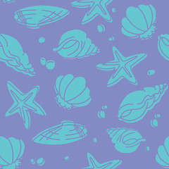 Seamless pattern of seashells and starfishes