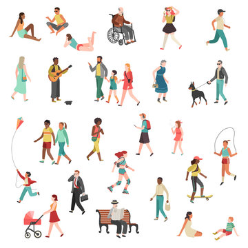 Walking flat people. Character person standing talking running woman man girl city street children dogs bicycles cartoon