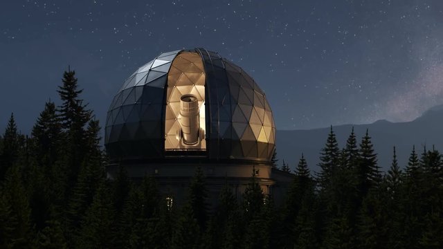 A modern astronomical observatory in a vast coniferous forest during night. 4KHD