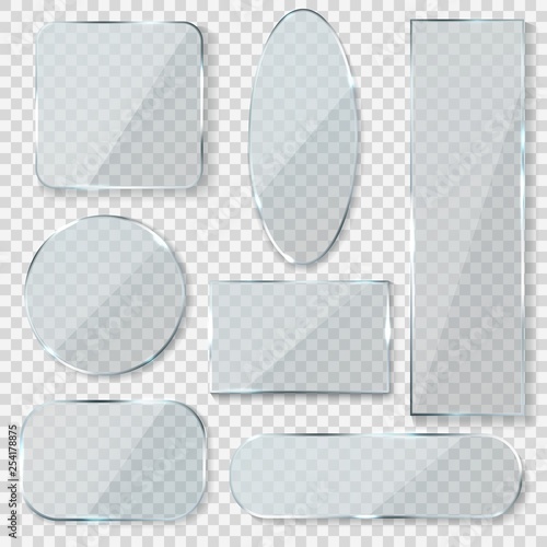 Glass blank banners. Rectangle circle glass texture window plastic clear labels with reflection acrylic shiny panels