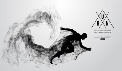 Abstract silhouette of a running athlete man on the white background from particles, dust, smoke. Athlete runs sprint and marathon. Background can be changed to any other. Vector illustration