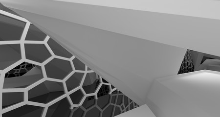 Abstract white and black interior multilevel public space with window. 3D illustration and rendering.