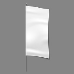 Textile advertising flag. Blank fabric white vertical cloth sign, textile ribbon vector mockup